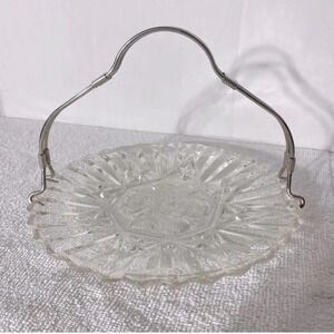Vintage Clear Cut  Glass Serving Dish With Removable Metal Handle